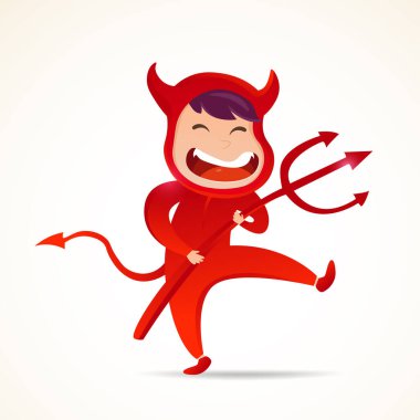 Cadılar Bayramı Sevimli Çizgi Film karakteri. Komik kırmızı şeytan çocuk çizgi film tasarımı. Vektör illüstrasyonu.