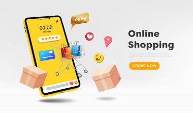 İnternet sitesi ve cep telefonu tasarımında online alışveriş mağazası. Akıllı iş pazarlama konsepti. Yatay görüş. Vektör İllüstrasyonu