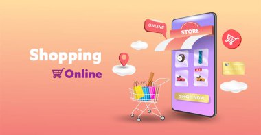 İnternet sitesi ve cep telefonu tasarımında online alışveriş mağazası. Akıllı iş pazarlama konsepti. Yatay görüş. Vektör İllüstrasyonu.
