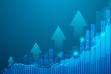 Borsa yatırımlarının mavi arka plandaki ticari mum çubuğu grafiği. Bulls puanı, grafiğin gidişatı. Ekonomi vektör tasarımı.