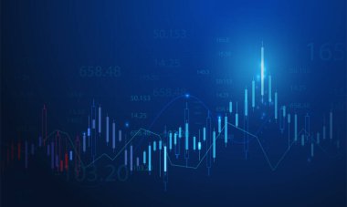 Borsa yatırımlarının mavi arka plandaki ticari mum çubuğu grafiği. Bulls puanı, grafiğin gidişatı. Ekonomi vektör tasarımı.