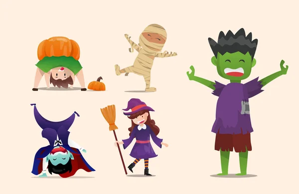 Halloween Linda Colección Personajes Dibujos Animados Conjunto Niños Asustadizos Aislados — Vector de stock