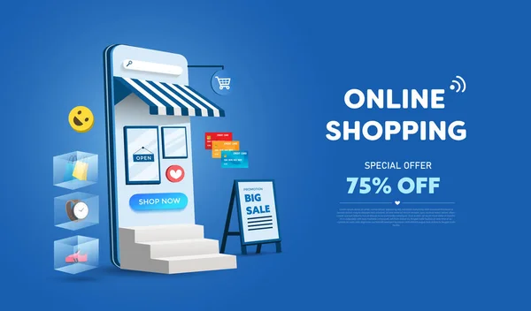 İnternet sitesi ve cep telefonu tasarımında online alışveriş mağazası. Akıllı iş pazarlama konsepti. Yatay görüş. Vektör İllüstrasyonu.