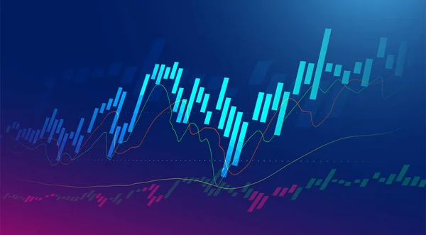 Borsa yatırımlarının mavi arka plandaki ticari mum çubuğu grafiği. Bulls puanı, grafiğin gidişatı. Ekonomi vektör tasarımı