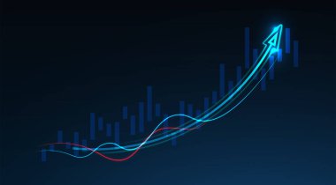 Borsa yatırımlarının mavi arka plandaki ticari mum çubuğu grafiği. Bulls puanı, grafiğin gidişatı. Ekonomi vektör tasarımı.