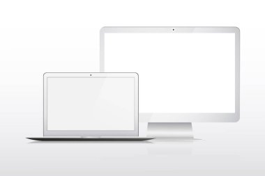 Ekran modeli. Modern, beyaz, boş monitör, laboratuvar, bilgisayar, mobil ürün modelleme seti. Vektör illüstrasyonu.