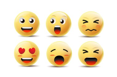 Emoji Duygu Yüzleri Vektörü. İletişim Sohbeti elementleri sarı baloncuklu 3D yüzlü. Güzel sosyal medya simgesi çıkartmaları. Eps10 vektör illüstrasyonunda modern ve yaratıcı tasarım.