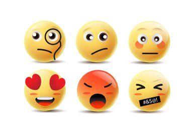 Emoji Duygu Yüzleri Vektörü. İletişim Sohbeti elementleri sarı baloncuklu 3D yüzlü. Güzel sosyal medya simgesi çıkartmaları. Eps10 vektör illüstrasyonunda modern ve yaratıcı tasarım.