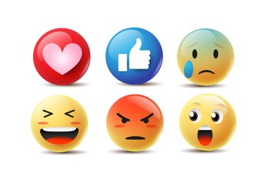 Emoji Duygu Yüzleri Vektörü. İletişim Sohbeti elementleri sarı baloncuklu 3D yüzlü. Güzel sosyal medya simgesi çıkartmaları. Eps10 vektör illüstrasyonunda modern ve yaratıcı tasarım.