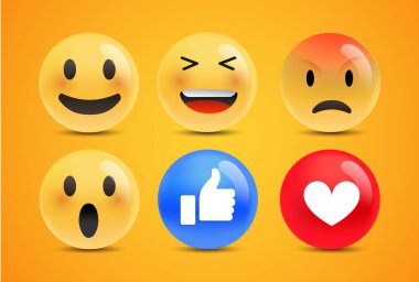 Emoji Duygu Yüzleri Vektörü. İletişim Sohbeti elementleri sarı baloncuklu 3D yüzlü. Güzel sosyal medya simgesi çıkartmaları. Eps10 vektör illüstrasyonunda modern ve yaratıcı tasarım.