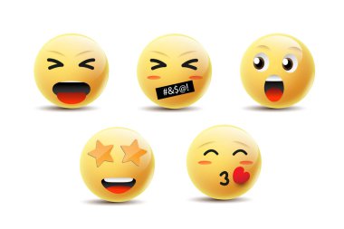 Emoji Duygu Yüzleri Vektörü. İletişim Sohbeti elementleri sarı baloncuklu 3D yüzlü. Güzel sosyal medya simgesi çıkartmaları. Eps10 vektör illüstrasyonunda modern ve yaratıcı tasarım.