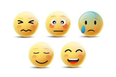 Emoji Duygu Yüzleri Vektörü. İletişim Sohbeti elementleri sarı baloncuklu 3D yüzlü. Güzel sosyal medya simgesi çıkartmaları. Eps10 vektör illüstrasyonunda modern ve yaratıcı tasarım.
