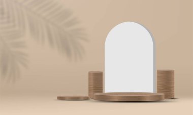 Pastel arka planda silindir podyum ve yapraklarla soyut minimal sahne. Ürün, afiş, satış, sunum, kozmetik ve indirim için sahne modeli gösterisi. 3d vektör illüstrasyonu.