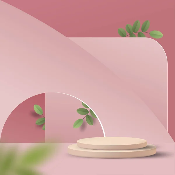 Pastel arka planda silindir podyum ve yapraklarla soyut minimal sahne. Ürün, afiş, satış, sunum, kozmetik ve indirim için sahne modeli gösterisi. 3d vektör illüstrasyonu.