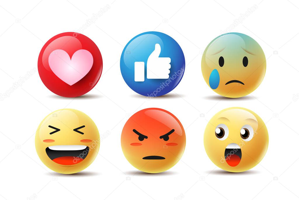 Emoji Feeling Faces Vector. Communication Chat Elements in yellow ball bubble 3D face. Lovely social media icon stickers. Modern and Creative design in EPS10 vector illustration.