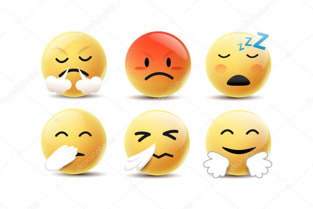 Emoji Feeling Faces Vector. Communication Chat Elements in yellow ball bubble 3D face. Lovely social media icon stickers. Modern and Creative design in EPS10 vector illustration.