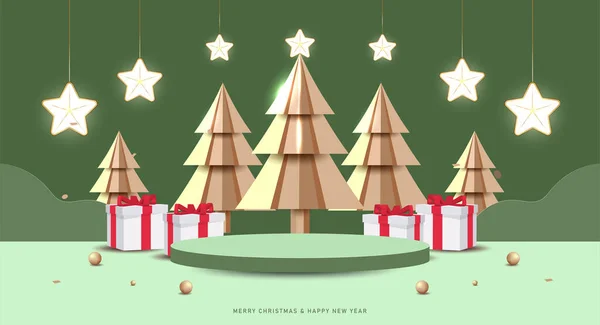 圣诞快乐 新年快乐 最小的模拟场景与演播室讲台 展示产品展示 3D矢量树Xmas 礼品盒和派对元素 — 图库矢量图片