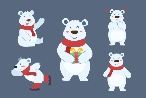 Conjunto Lindo Diseño Carácter Oso Invierno Polar Dibujos Animados Felices — Vector de stock