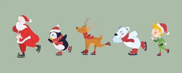 Mutlu Noeller ve mutlu yıllar tebrik kartı. Noel Baba, Penguen, Ren Geyiği, Kutup Ayısı ve Elf Çocuk 'un şirin çizgi film karakterleri. Vektör illüstrasyonu.