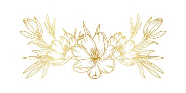 Golden crocus flowers line art isolated on white background. Luxury crocus floral design elements for invitation, wedding, wallpaper, print template, vector illustration.