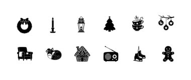 Noel ve kış bayramı siluet koleksiyonu ağaç, mum, çelenk, zencefilli adam, rahat sandalye ve kakao.