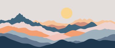 Katmanlı tepeleri olan soyut dağ manzarası, pastel renkli gündoğumu sahnesi, duvar sanatı ve tasarımı için minimalist doğa arka planı.