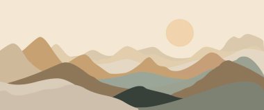 Yumuşak nötr tonlara sahip soyut dağ manzarası, katmanlı tepeler ve minimalist duvar sanatı ve tasarımı için yumuşak gündoğumu.