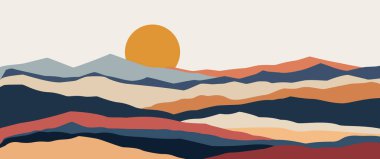 Boho 'nun soyut bir dağ manzarasının desenli dijital tablosu, katmanlı tepeler, kalın gün batımı, baskılar için sıcak nötr toprak tonları ve modern duvar sanatı..