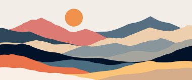 Modern duvar sanatı Boho soyut dağ manzarası katmanlı tepeler, kalın gün batımı, sıcak nötr toprak tonları, desenli dijital baskılar için resim.