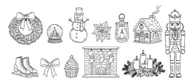 Çelenk, kar küresi, kardan adam, fındıkkıran, mumlar ve şenlikli dekorla el çizimi Noel unsurları. Klasik tatil çizimi çizimi.
