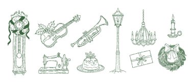 Garip Noel tatili el çizimleri, minimal karalama dekorasyonu seti, klasik müzik aleti, keman, trompet, büyükbaba saati ve dikiş makinesi illüstrasyonu..