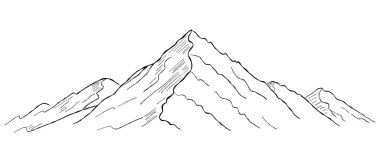 Doğa duvarı ve açık hava temalı tasarımlar için tepe ve çıkıntıların minimalist çizimleriyle el çizimi dağ manzarası çizimi çizimi..