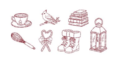 Sıcak kış musluğu koleksiyonu, el çizimi Noel çayı fincanı daldaki kardinal kuş, kitap yığını, fener, kar botları, vektör çizmeleri.