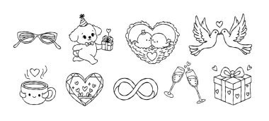Sevimli köpek yavrusu hediye ve kumrular yuvada çizilmiş karalama vektörü, romantik şampanya tostu ve sonsuzluk sembolü çizim çizimi, sevgililer günü seti.