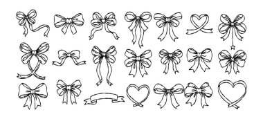 Dekoratif kurdele kurdeleler ve kalp kurdeleleri el çizimi karalama vektörü, romantik sevgililer günü siyah çizgi sanatı çizim çizimi.