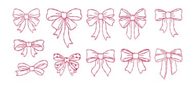 Dekoratif kurdele yay koleksiyonu el çizimi karalama vektörü, romantik sevgililer günü noktalı ve ipek fiyonk çizimi, aşk hediyesi elementleri.