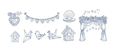 Romantik parfüm şişesi ve düğün çiçekli kemer el karalama vektörü, origami kuşları ve kuş evi çizimi çizimi, kalp kiriş elementlerini seviyorum..