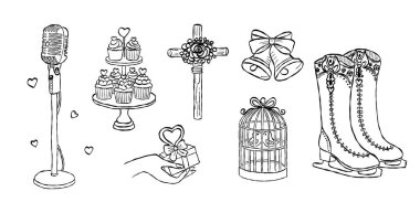 Klasik mikrofon ve düğün çanları sevgililer günü kartı çizilmiş karalama vektörü, romantik kekler ve buz patenleri çizimi çizim, aşk hediyesi elementleri..