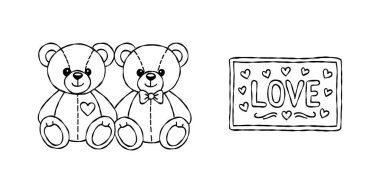 Sevimli oyuncak ayı çifti ve sevgililer günü tabelası karalama vektörü, romantik doldurulmuş hayvan çizimi çizimi, minimalist kalp elementleri..