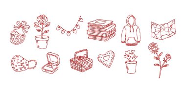 Piknik sepeti ve seyahat haritası karalama vektörü, kırmızı gül ve mücevher yüzük kutusu çizimi, minimalist aşk yaşam tarzı öğeleri.