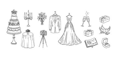 Sıralı düğün pastası ve zarif gelinlik. Sevgililer günü elbisesi. Karalama el çizimi, romantik ziyafet masası çizimi..