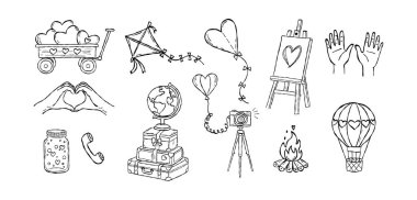 Kalp vagonu ve seyahat valizi. Sevgililer günü kartı. Karalama vektörü, dünya ve kamp ateşi çizimi..