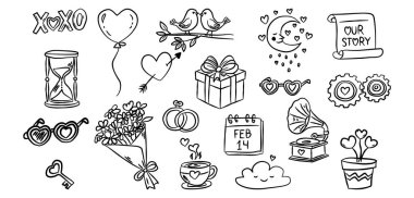 Gramofon ve çiçek buketi sevgililer günü kartı çizilmiş karalama vektörü, sevimli romantik hediye kutusu çizimi çizimi, minimalist kalp gözlüğü ve nikah yüzüğü..