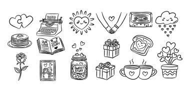 Romantik daktilo ve krep sevgililer günü kartı çizilmiş karalama vektörü, sevimli aşk hikayesi taslağı çizimi, minimalist kalp tostu ve düğün hediyesi kutusu..