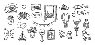 Tahta bahçe salıncağı ve sıcak hava balonu. Karalama el, sevimli romantik şarap kadehi çizim çizimi, dekorasyon için minimalist aşk unsurları..