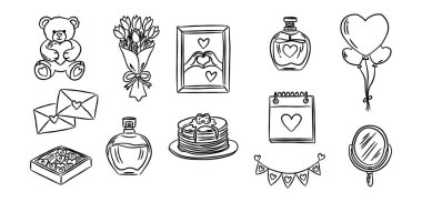 Oyuncak ayı ve krep yığını sevgililer günü kartı çizilmiş karalama vektörü, sevimli romantik parfüm çizimi çizimi, tebrik kartı dekorasyonu için minimalist aşk unsurları.
