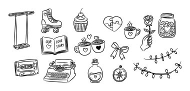 Sevgililer Günü el çizimi vintage vektörü, sevimli bir aşk daktilosu, romantik hikaye kitabı çizimi, düğün için resim çizimi, minimalist kalp simgeleri, klip sanatı.