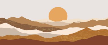 Minimalist boho dağ manzarası. Sıcak güneş ve katmanlı tepelerle çizilmiş el çizimi vektör. Sevgililer Günü dekorasyonu..