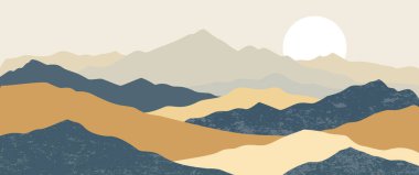 Minimalist dağ manzarası, Sevgililer Günü davetiyesi için güneş ve tepeler eşliğinde el çizimi vektör arka plan. Boho doğa duvarı çizimi..