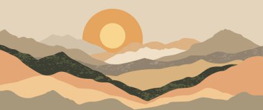 Sevgililer Günü için çift güneş ve turuncu tepeli modern boho dağ manzaralı el çizimi vektörü..